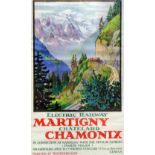 Swiss Poster - "Electric Railway. Martigny Chatelard Chamonix" - Showing view of the Alps, 39ins x