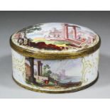 A good 18th Century English enamel circular box and cover with ormolu mounts, the cover enamelled