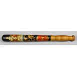 A Victorian turned boxwood truncheon painted with a crown over the royal cipher above a cartouche in