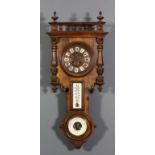 A late 19th Century stained as walnut wall clock, barometer and thermometer, the 8ins diameter