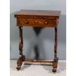 An early Victorian rosewood combined work and games table, the figured veneered top opening to