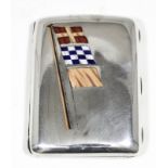 A late Victorian silver rectangular cigarette case of curved form, the cover inset with three enamel