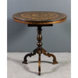 A 19th Century Italian walnut and marquetry circular tripod table, the top inlaid with "Sunburst"