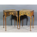 A pair of 1920's figured walnut bedside "lowboys" of 18th Century design, with quarter veneered