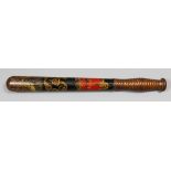 A Victorian turned wood truncheon painted with a crown over the royal cipher above red and gilt