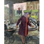 *** Ben Sands (born 1920) - Oil painting - London Street Scene with Mother and Pram to foreground,