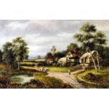 Maude Goodman (circa 1860-1938) - Oil painting - Rural landscape with country cottage and shepherd