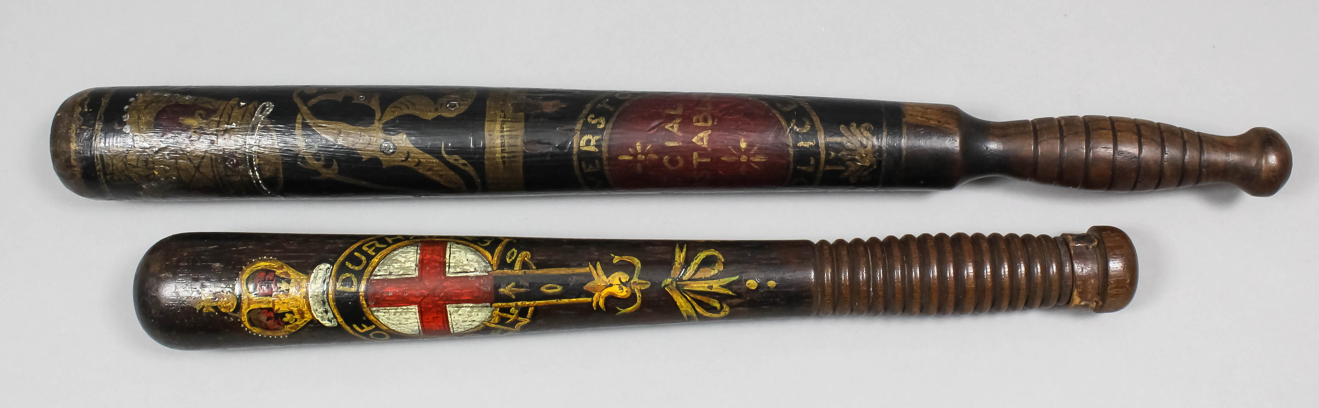 A Victorian turned wood truncheon painted with a crown over the arms of Durham and inscribed "City