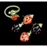 A pair of Chopard 18ct gold onyx, coral and diamond set "Ladybird" pattern pendant drop earrings (