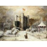 19th Century English School - Oil painting - Winter scene - View of Rochester Castle with snow