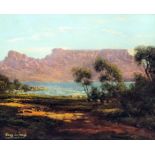 Tinus de Jongh (1885-1942) - Oil painting - View of Table Mountain, Cape Town, South Africa,