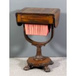 A William IV rosewood drop-leaf work/games table, the top with shaped leaves, sliding central