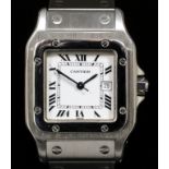 A modern gentleman's stainless steel Cartier "Santos" automatic wristwatch, the square white face