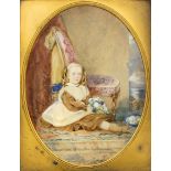 19th Century English School - Watercolour - Seated girl with posy of flowers, oval 8ins x 6ins, in