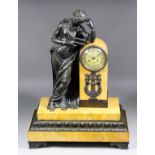 A mid 19th Century French green/brown patinated bronze and Sienna marble cased mantel clock, the 4.