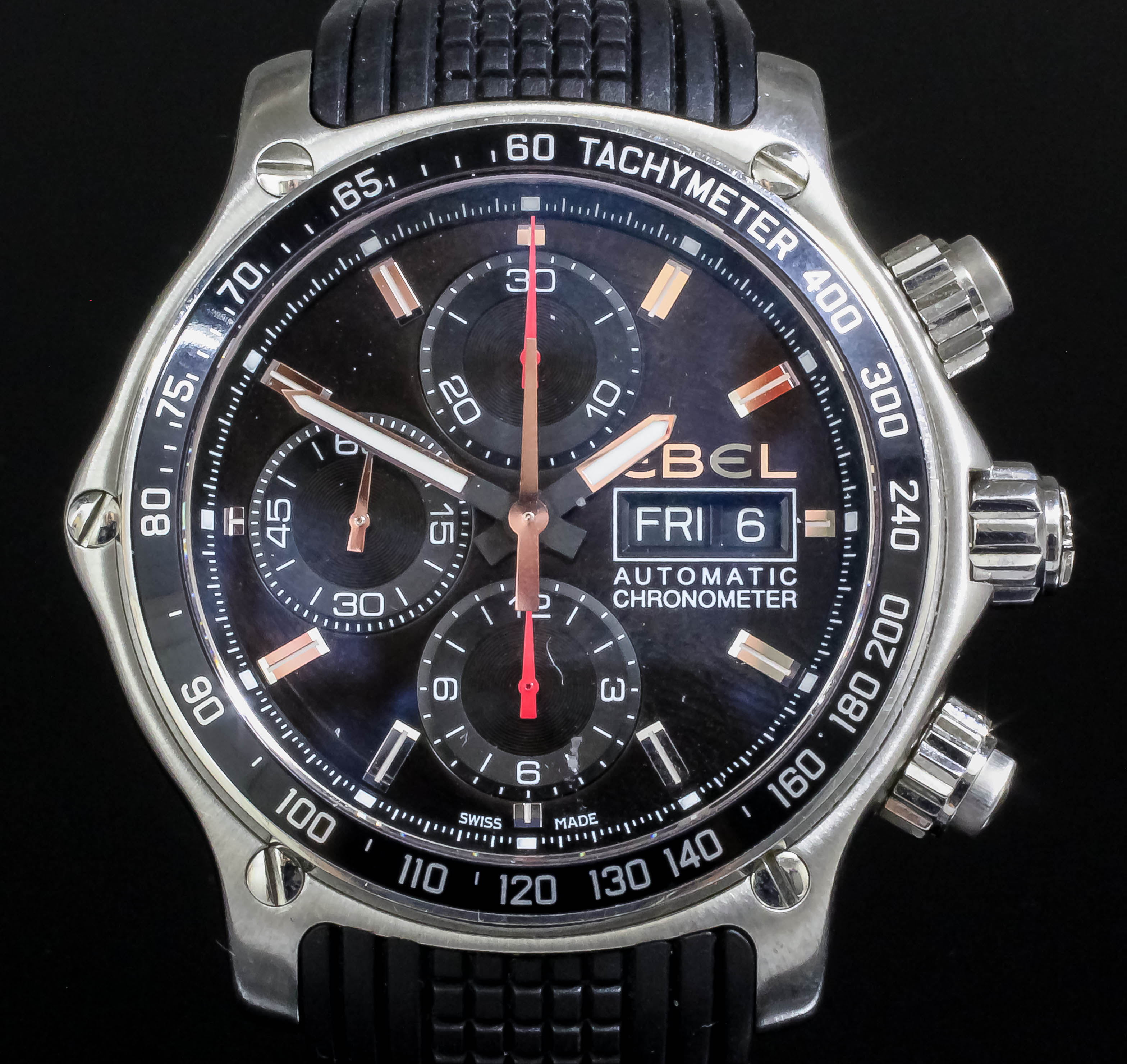 A 2009 gentleman's stainless steel Ebel "Discovery" chronograph, Serial No. A158559, the black
