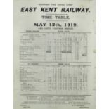 Five printed East Kent Railway timetables - "May 12th 1919", "December 26th 1928", "Monday,