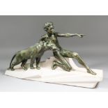 Max le Verrier (1891-1973) an green antique patinated bronze group of a boy and a panther in the Art