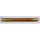 A Victorian plain turned wood and brass mounted truncheon or tipstaff, the top brass end engraved