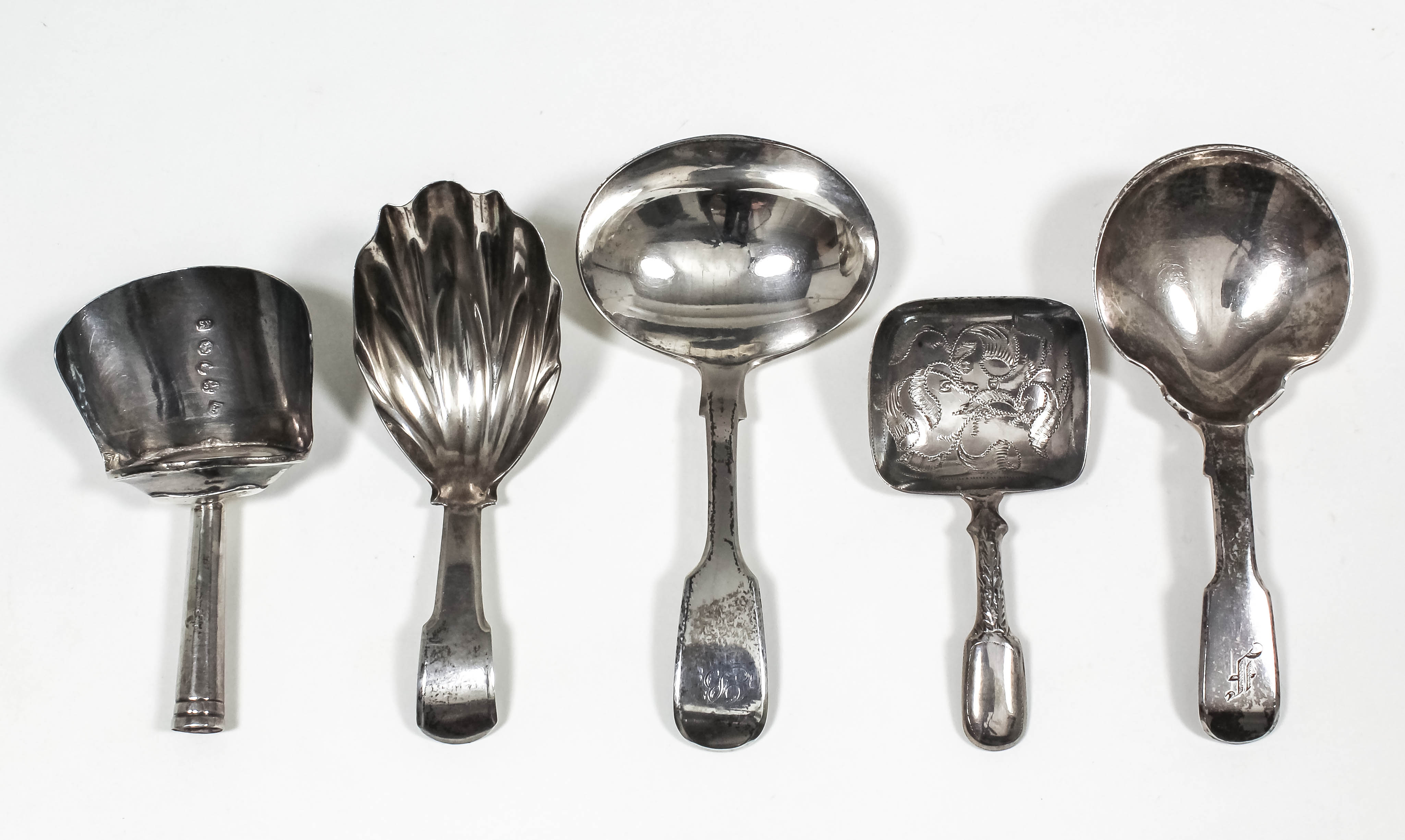 Two George III silver caddy spoons - with plain silver shovel bowl, by Samuel Pemberton,