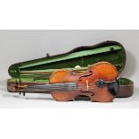 A late 19th/early 20th Century German violin with two piece back, (back measurement excluding button