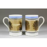 Two matching 19th Century Mocha ware pottery tankards, each 6.25ins high