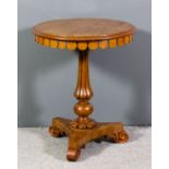 An early Victorian Pollard Oak circular occasional table with figured veneered top, grid edge