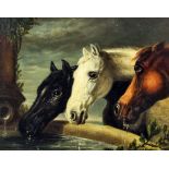 Manner of John Frederick Herring (1795-1865) - Oil painting - Study of three horse heads drinking