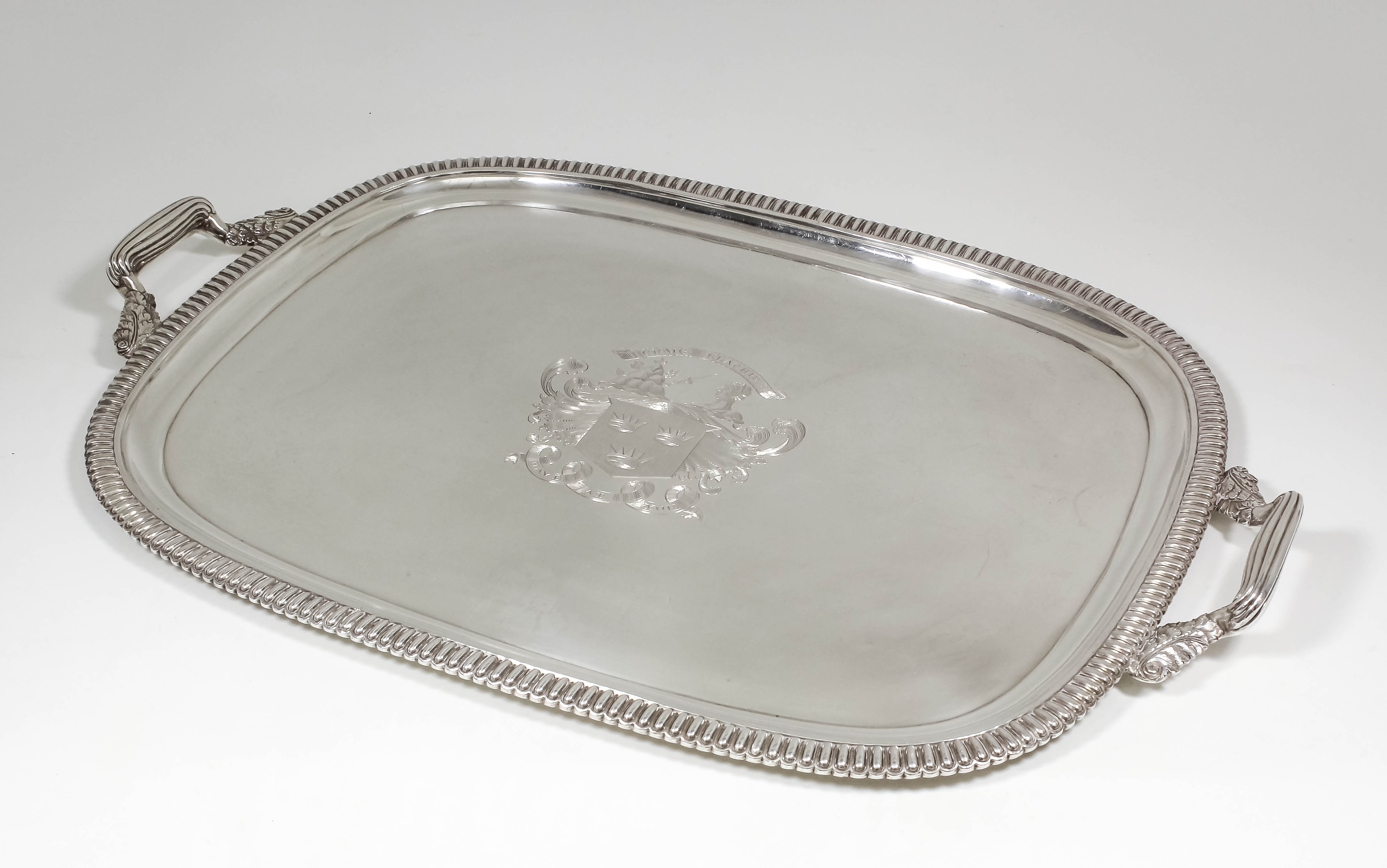 A good George III silver two-handled rectangular tray, the rim with bold French gadroon mounts and