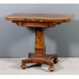 A William IV mahogany D-shaped tea table with plain folding top, the rectangular frieze with bead