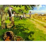 *** John Haskins (born 1938) - Oil painting - "The Apple Orchard", board 17.5ins x 22.25ins, signed,