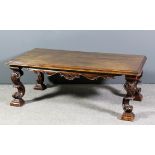 A Continental walnut rectangular coffee table with moulded edge to plain top, shaped and carved