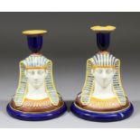 A good pair of late 19th Century Wedgwood majolica sphinx head candlesticks, each 6.75ins high (