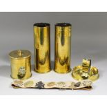 Four pieces of World War I brass "Trench Art", comprising - Pair of shell case vases engraved with
