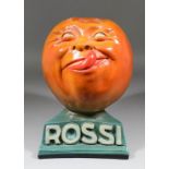 A 1930s French plaster "Rossi" advertising bar ornament modelled as a head with a happy satisfied