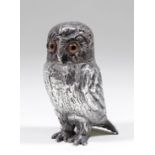 A Victorian novelty silver sugar castor modelled as a standing owl with textured feathers, the