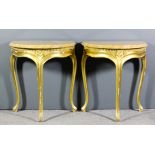 A pair of 20th Century gilt semi-circular console tables, the yellow flecked marble slabs to top