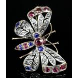 A late Victorian gold and silvery coloured metal mounted ruby, sapphire and diamond set butterfly