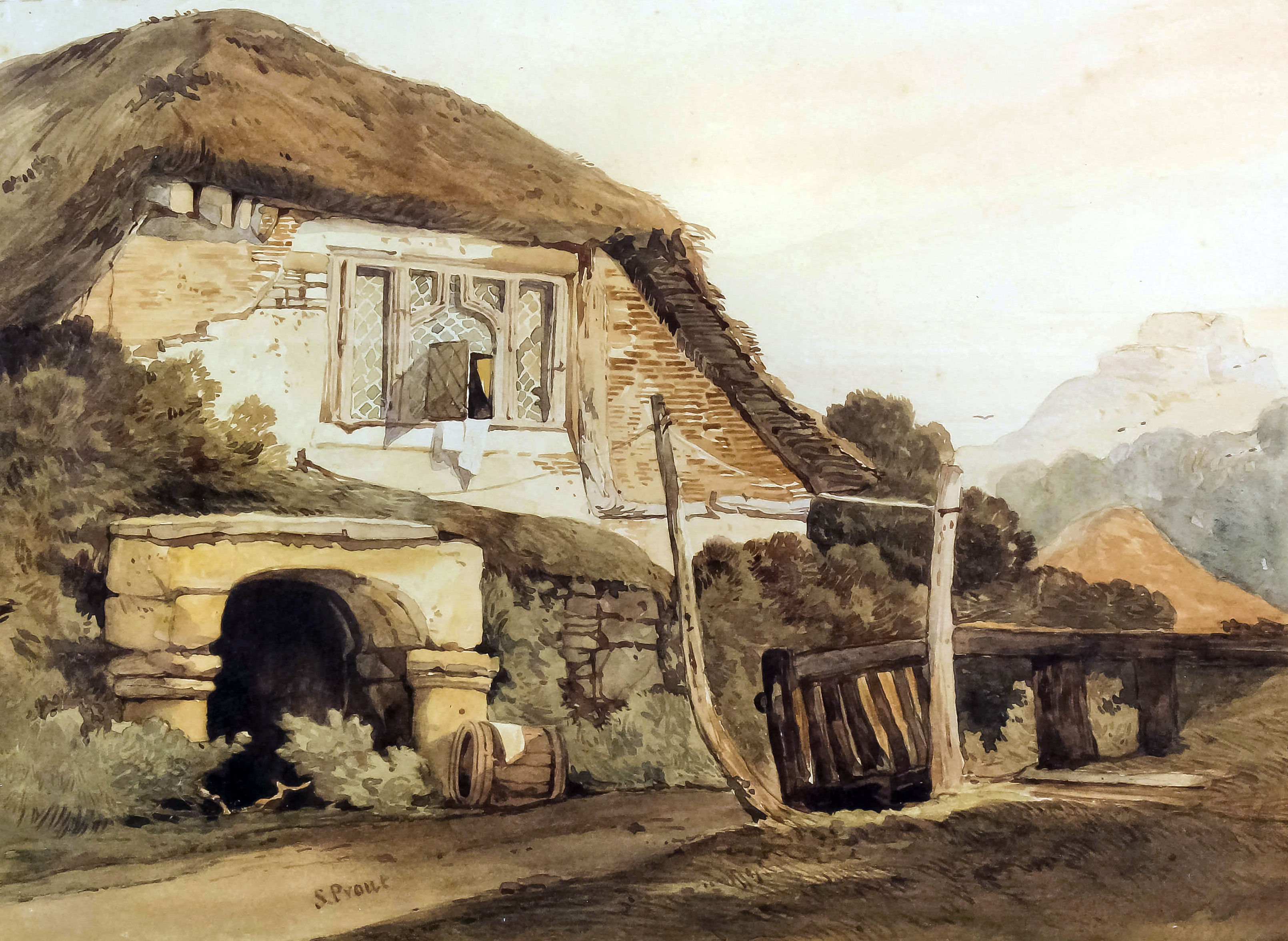 Samuel Prout (1783-1852) - Watercolour - "Old Cottage", 10ins x 14ins, signed, in gilt frame and