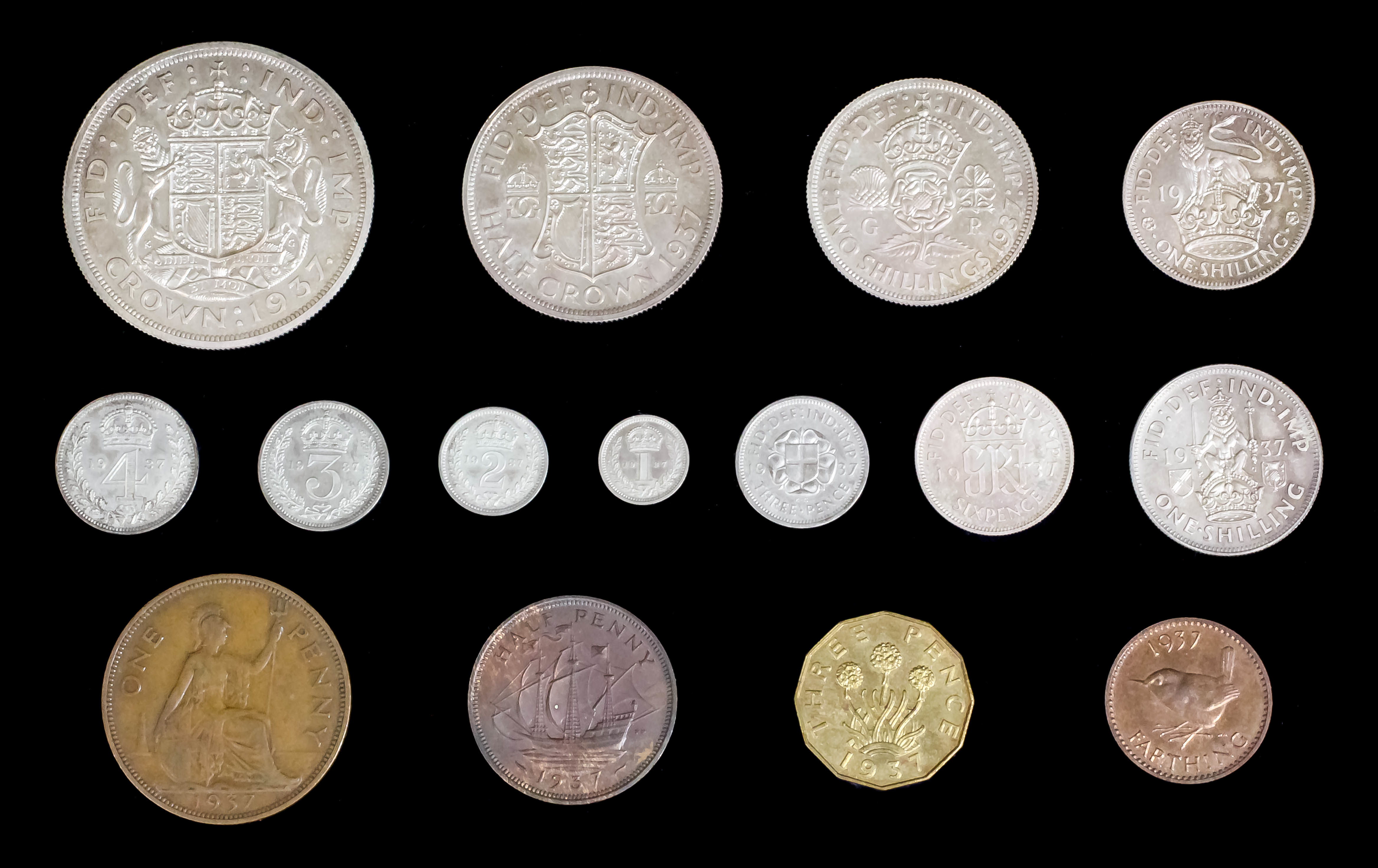 A George VI 1937 fifteen coin specimen set - Crown to Farthing (including Maundy Coins), all in