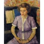 *** J. Everden (20th Century British) - Oil painting - Three quarters length portrait of a seated