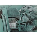 David Holt (20th Century) - Ink, wash and pastel on green paper - "Group of houses with