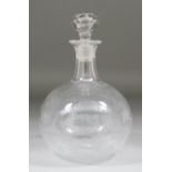 A late Victorian Max Greger & Co clear glass onion shaped decanter and stopper, with acid etched