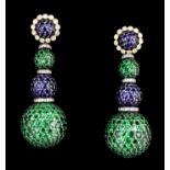 A pair of modern emerald, sapphire and diamond set triple globe pattern earrings (for pierced