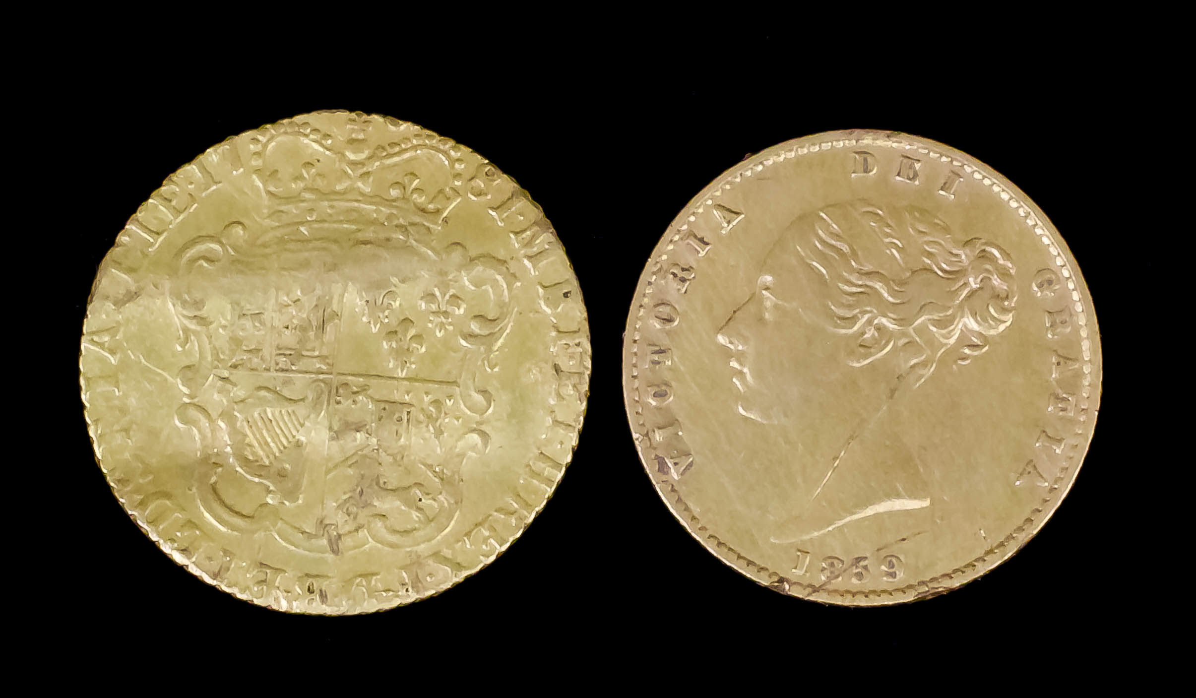 A George III 1781 Half Guinea (Fair and Creased), and a Victoria 1859 Half Sovereign (Fair/Fine -