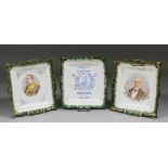 A collection of seven late 19th Century painted and printed pottery wall plaques depicting - "