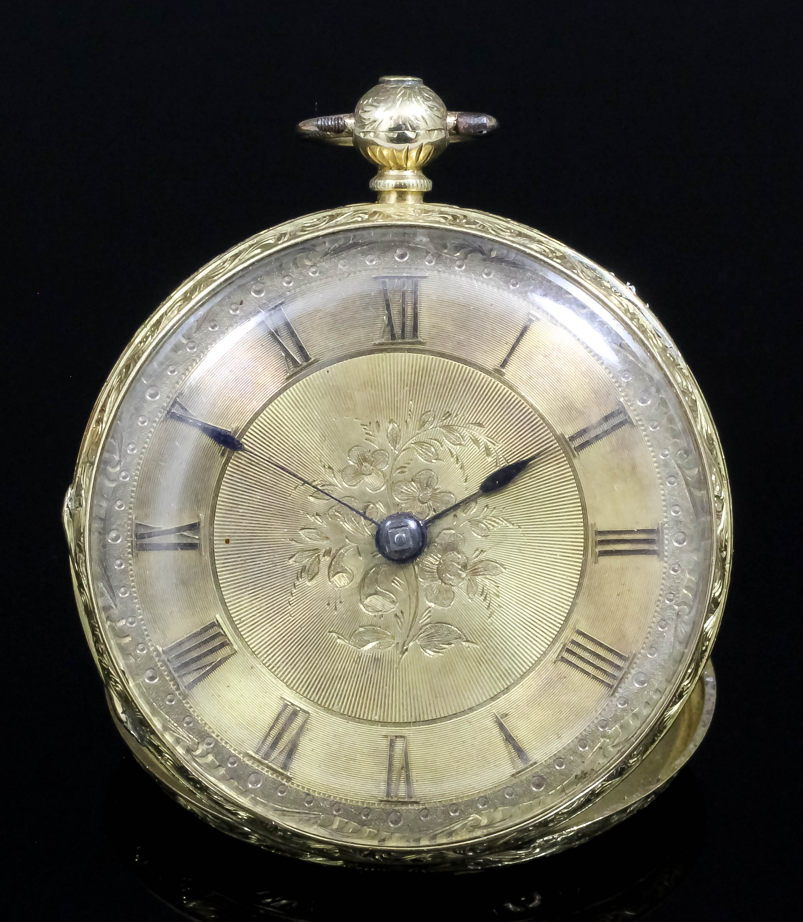 A Victorian gentleman's 18ct gold open faced pocket watch, the gilt dial with floral and foliate