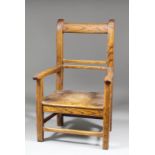 A 19th Century child's ash and elm armchair with plain top rail and of pegged construction, 19.