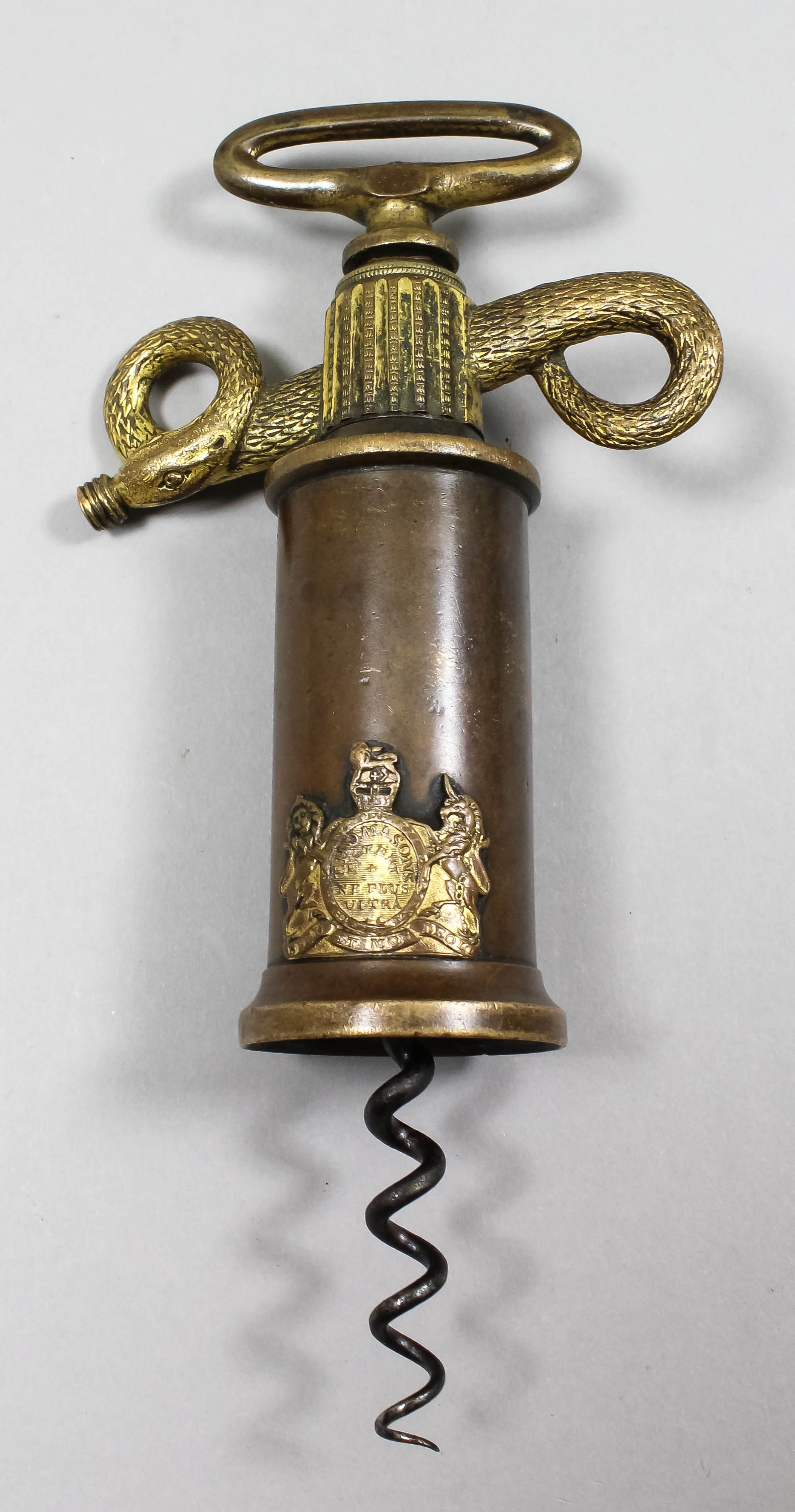 A rare Thomason variant serpent handle corkscrew, Patent No. 2617, with gilt oval top handle, and
