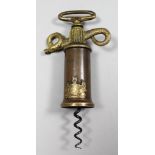 A rare Thomason variant serpent handle corkscrew, Patent No. 2617, with gilt oval top handle, and